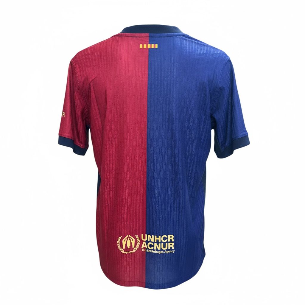 CAMISETA CUELLO REDONDO EQUIPO SOCCER BARCELONA VERSION JUGADOR ROJO Y AZUL LOGO SPOTIFY AMARILLO CENTRO HOMBRE