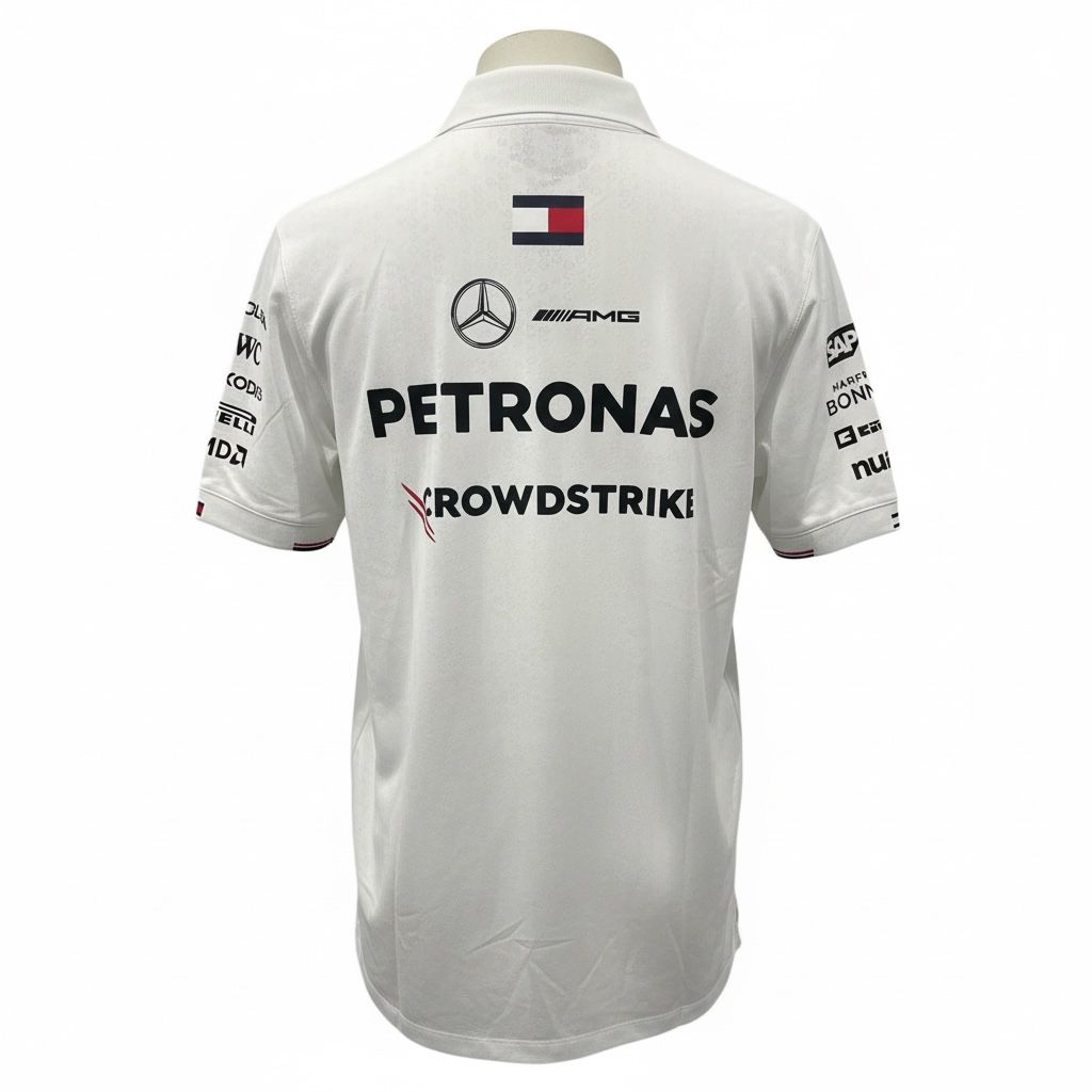 CAMISETA F1 MERCEDES AMG PETRONAS SPORT COLOR BLANCO LINEAS ROJAS Y AZUL EN HOMBROS