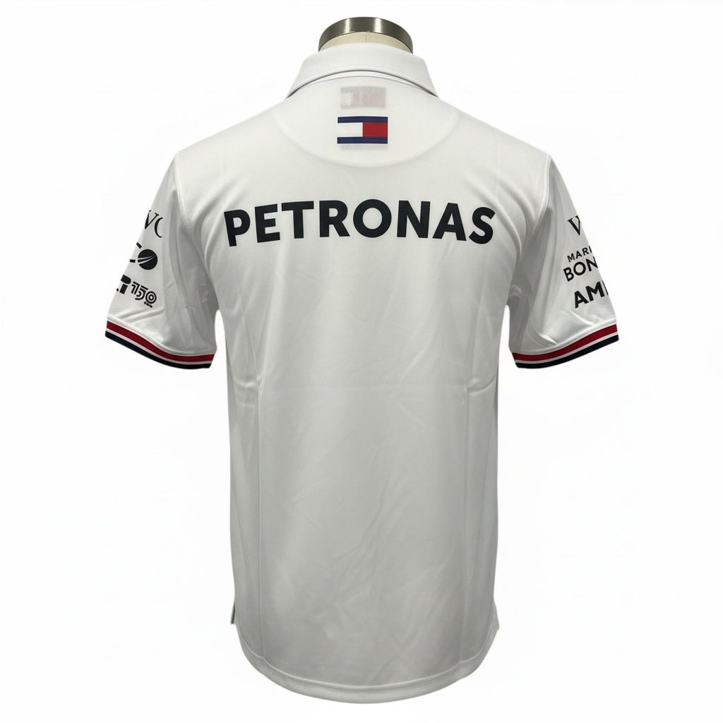 CAMISETA F1 MERCEDES AMG PETRONAS SPORT COLOR BLANCO CON LINEAS ROJAS Y AZULES EN MANGA