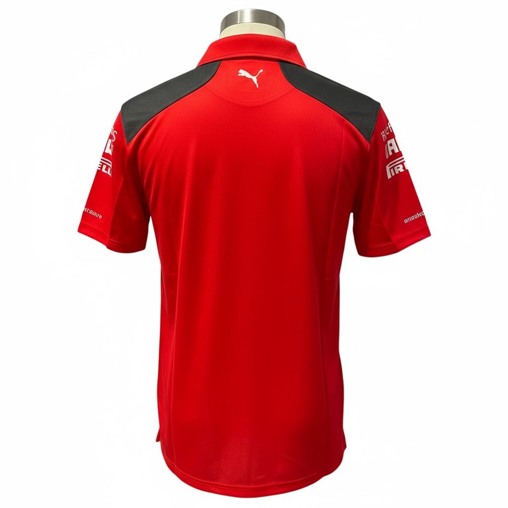 CAMISETA F1 SPORT MARCA PUMA COLOR ROJO DOS FRANJAS NEGRAS AL FRENTE CON TIGRE Y CABALLO