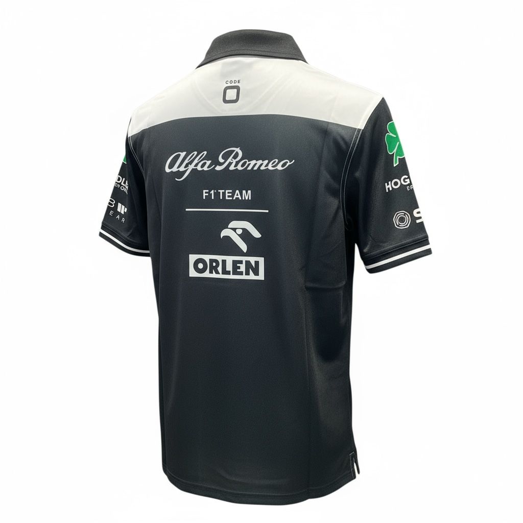 CAMISETA F1 SPORT MARCA ALFA ROMEO COLOR NEGRO Y BLANCO FRANJA ROJA EN MEDIO