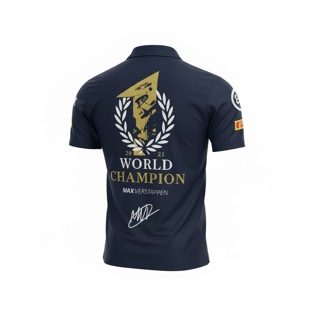 CAMISETA F1 SPORT VERSTAPPEN COLOR AZUL MARINO CON FIRMA Y LOGO DE WORD CHAMPION ATRAS