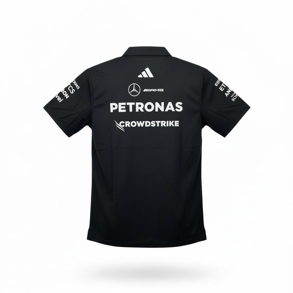 CAMISETA F1 SPORT ADIDAS LOGO MERCEDES COLOR NEGRA MANGA CORTA  RAYAS BLANCAS  EN HOMBROS