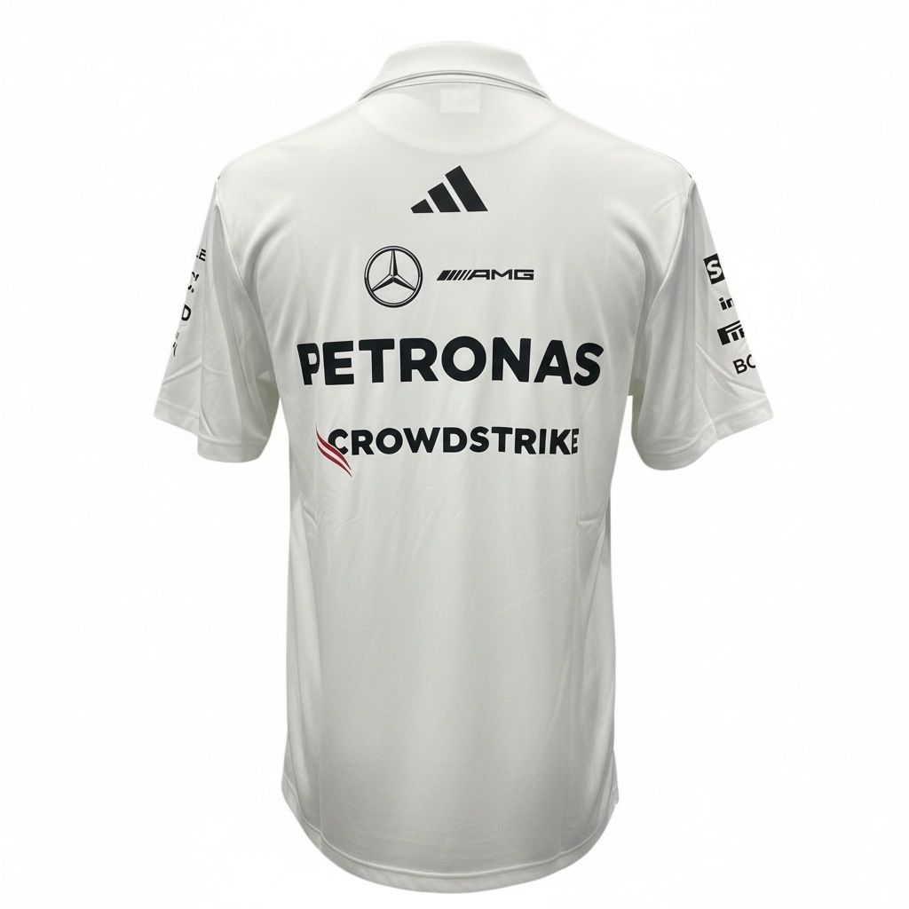 CAMISETA F1 SPORT ADIDAS LOGO MERCEDES COLOR BLANCO RAYAS NEGRAS EN HOMBROS MANGA CORTA