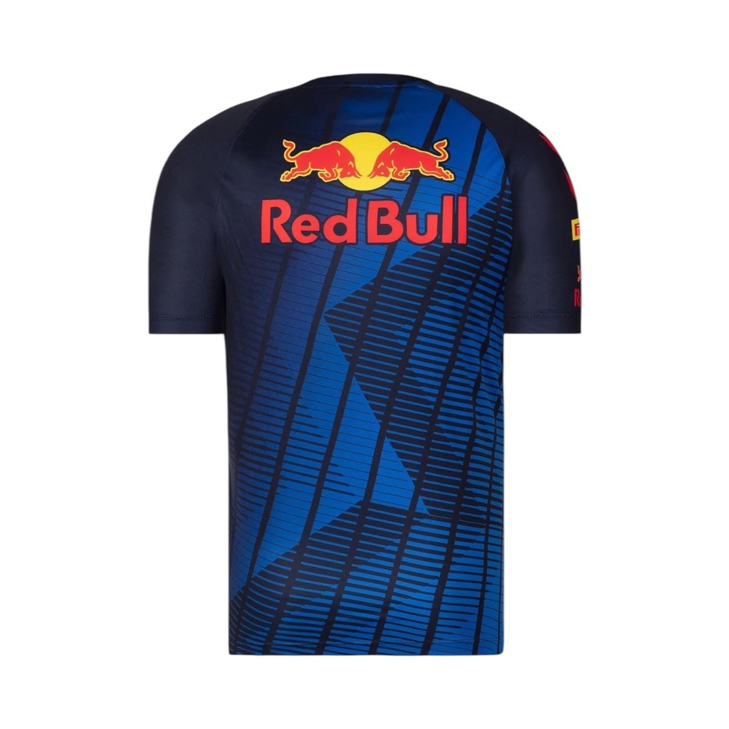 CAMISETA F1 CUELLO REDONDO CON FRANJA AMARILLA DENTRO COLOR AZUL MARINO DISEÑO CELESTE