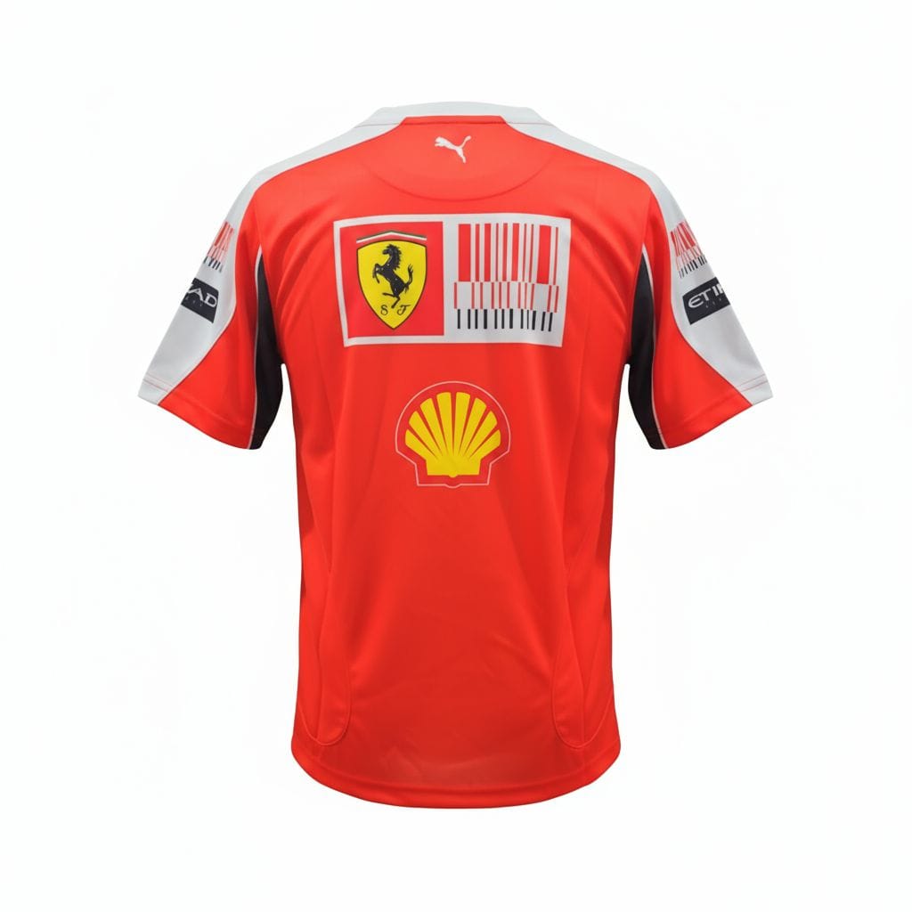 CAMISETA F1 CUELLO REDONDO BLANCO COLOR ROJA Y MANGA DISEÑO ROJO NEGRO Y BLANCO