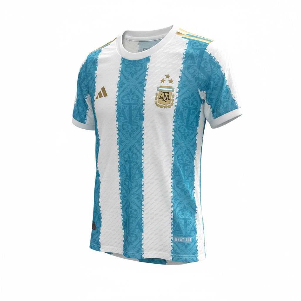 CAMISETA CUELLO REDONDO EQUIPO SOCCER ARGENTINA BLANCA Y CELESTE LINEA DORADA HOMBROS HOMBRE