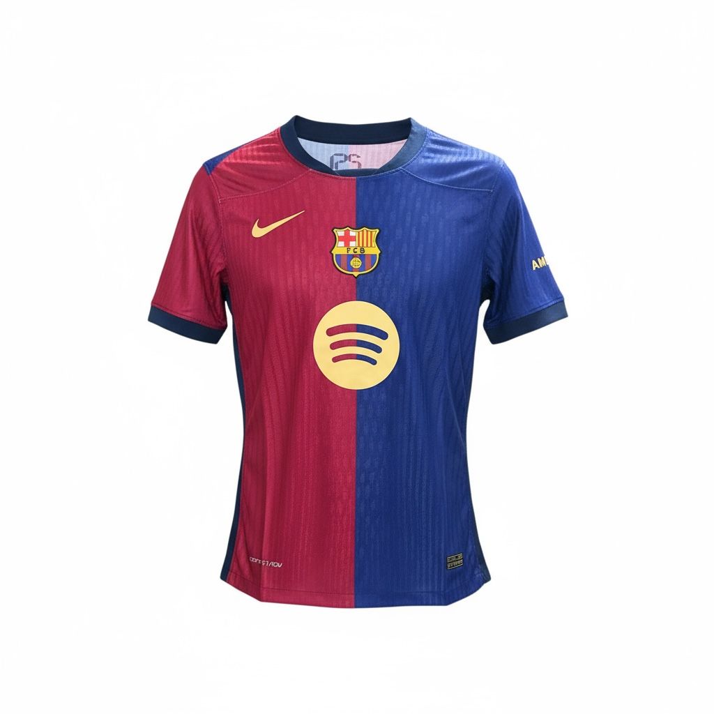 CAMISETA CUELLO REDONDO EQUIPO SOCCER BARCELONA VERSION JUGADOR ROJO Y AZUL LOGO SPOTIFY AMARILLO CENTRO HOMBRE