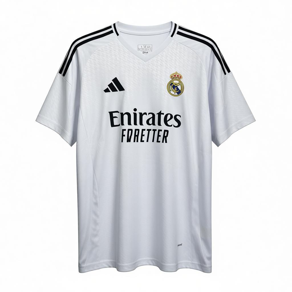 CAMISETA CUELLO V EQUIPO SOCCER REAL MADRID BLANCA RAYAS NEGRAS HOMBROS HOMBRE