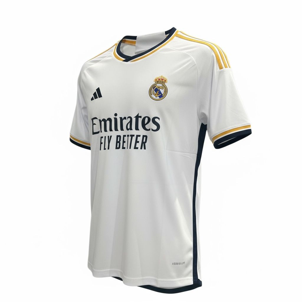 CAMISETA CUELLO V EQUIPO SOCCER REAL MADRID BLANCA RAYAS AMARILLA HOMBROS HOMBRE