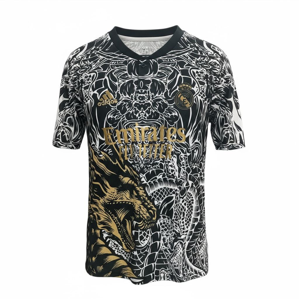 CAMISETA CUELLO V EQUIPO SOCCER REAL MADRID NEGRA Y BLANCA HOMBRE