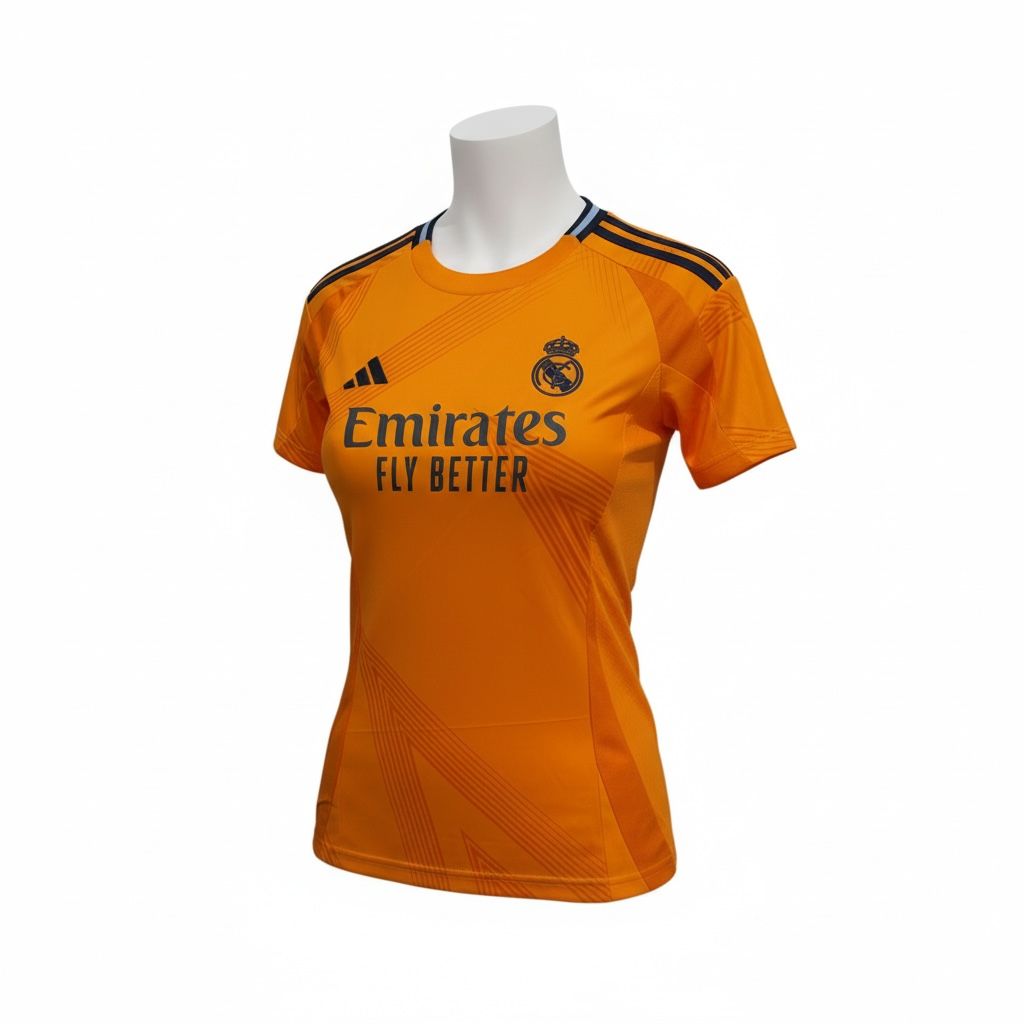 CAMISETA CUELLO REDONDO EQUIPO SOCCER REAL MADRID ANARANJADO Y ENCAJE CELESTE MUJER