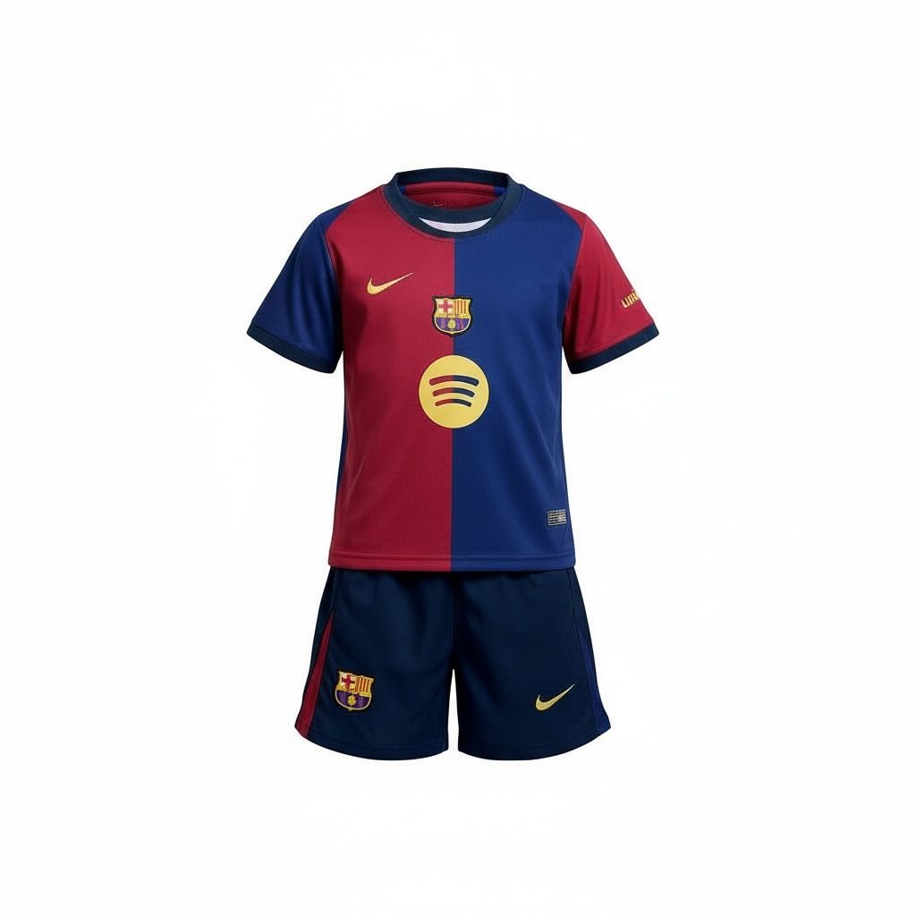 SET CUELLO REDONDO EQUIPO SOCCER BARCELONA ROJO Y AZUL LOGO AMARILLO CENTRO NIÑO