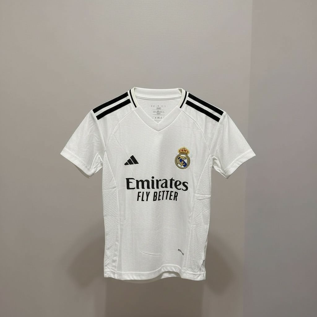 CAMISETA CUELLO V EQUIPO SOCCER REAL MADRID NEGRA Y BLANCA NIÑO