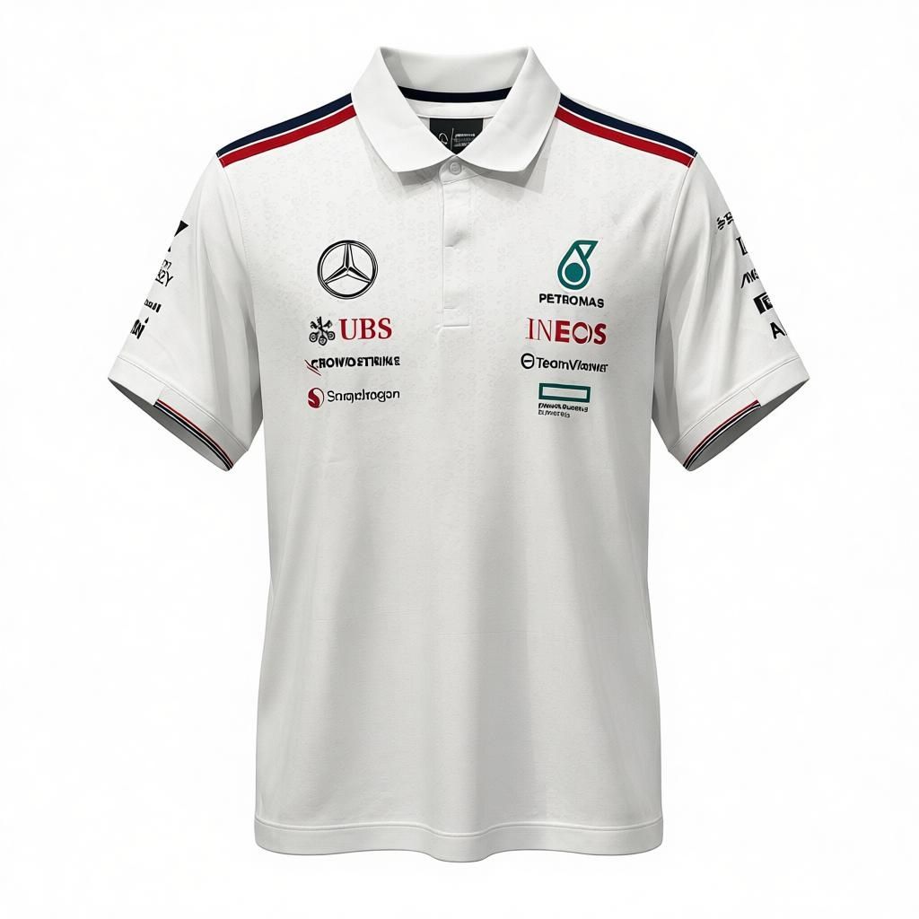 CAMISETA F1 MERCEDES AMG PETRONAS SPORT COLOR BLANCO LINEAS ROJAS Y AZUL EN HOMBROS