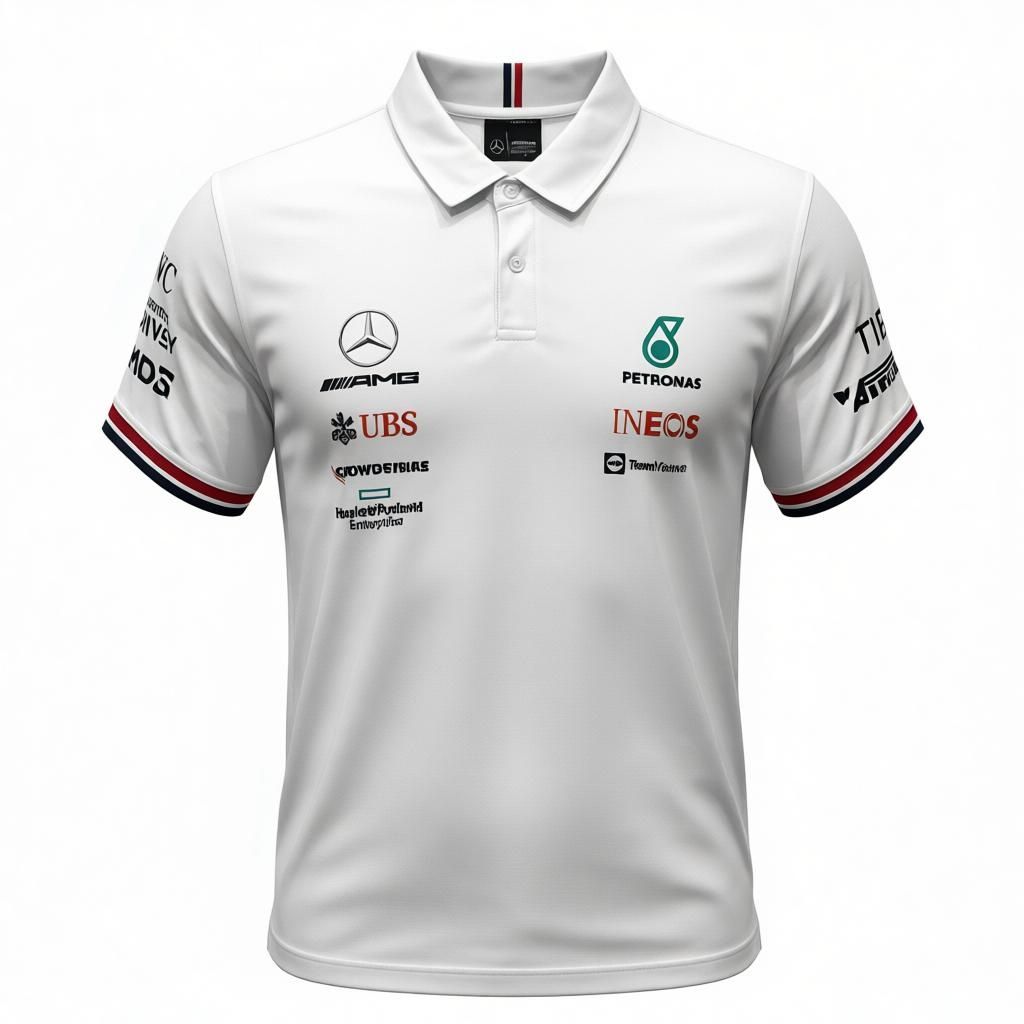 CAMISETA F1 MERCEDES AMG PETRONAS SPORT COLOR BLANCO CON LINEAS ROJAS Y AZULES EN MANGA