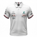 CAMISETA F1 MERCEDES AMG PETRONAS SPORT COLOR BLANCO CON LINEAS ROJAS Y AZULES EN MANGA