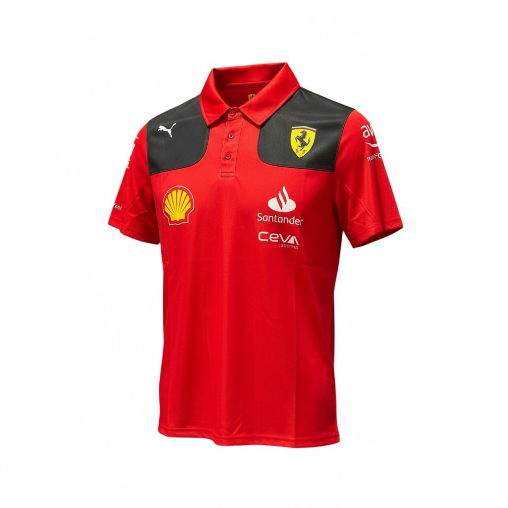 CAMISETA F1 SPORT MARCA PUMA COLOR ROJO DOS FRANJAS NEGRAS AL FRENTE CON TIGRE Y CABALLO