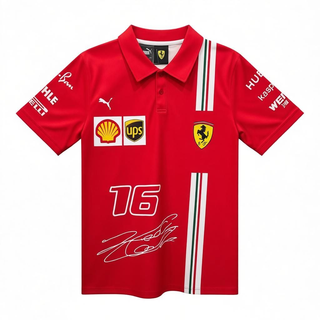 CAMISETA F1 SPORT MARCA PUMA UPS #16 COLOR ROJO 2 BOTONES FRANJA BLANCA COSTADO