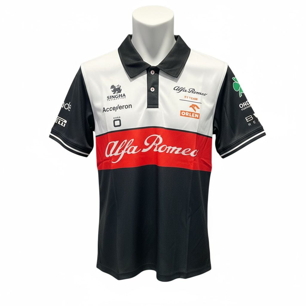 CAMISETA F1 SPORT MARCA ALFA ROMEO COLOR NEGRO Y BLANCO FRANJA ROJA EN MEDIO