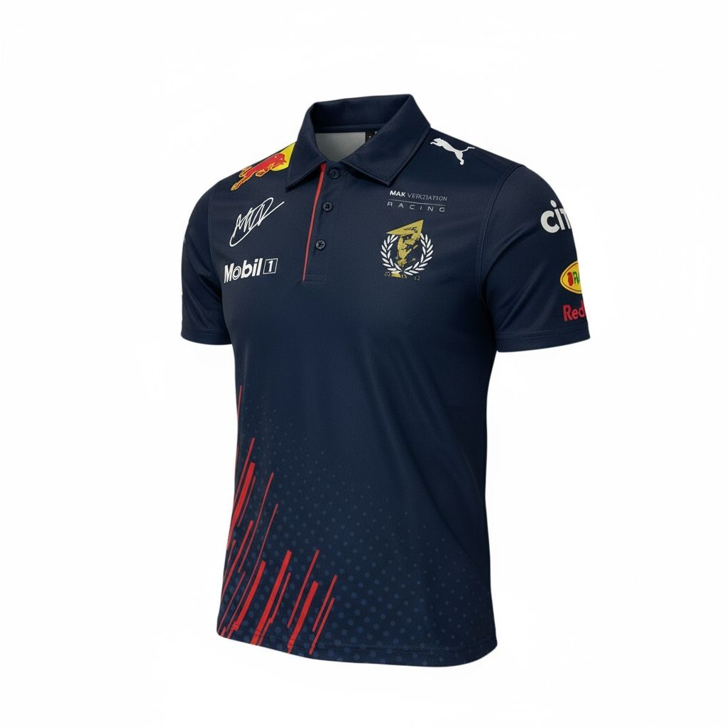 CAMISETA F1 SPORT VERSTAPPEN COLOR AZUL MARINO CON FIRMA Y LOGO DE WORD CHAMPION ATRAS