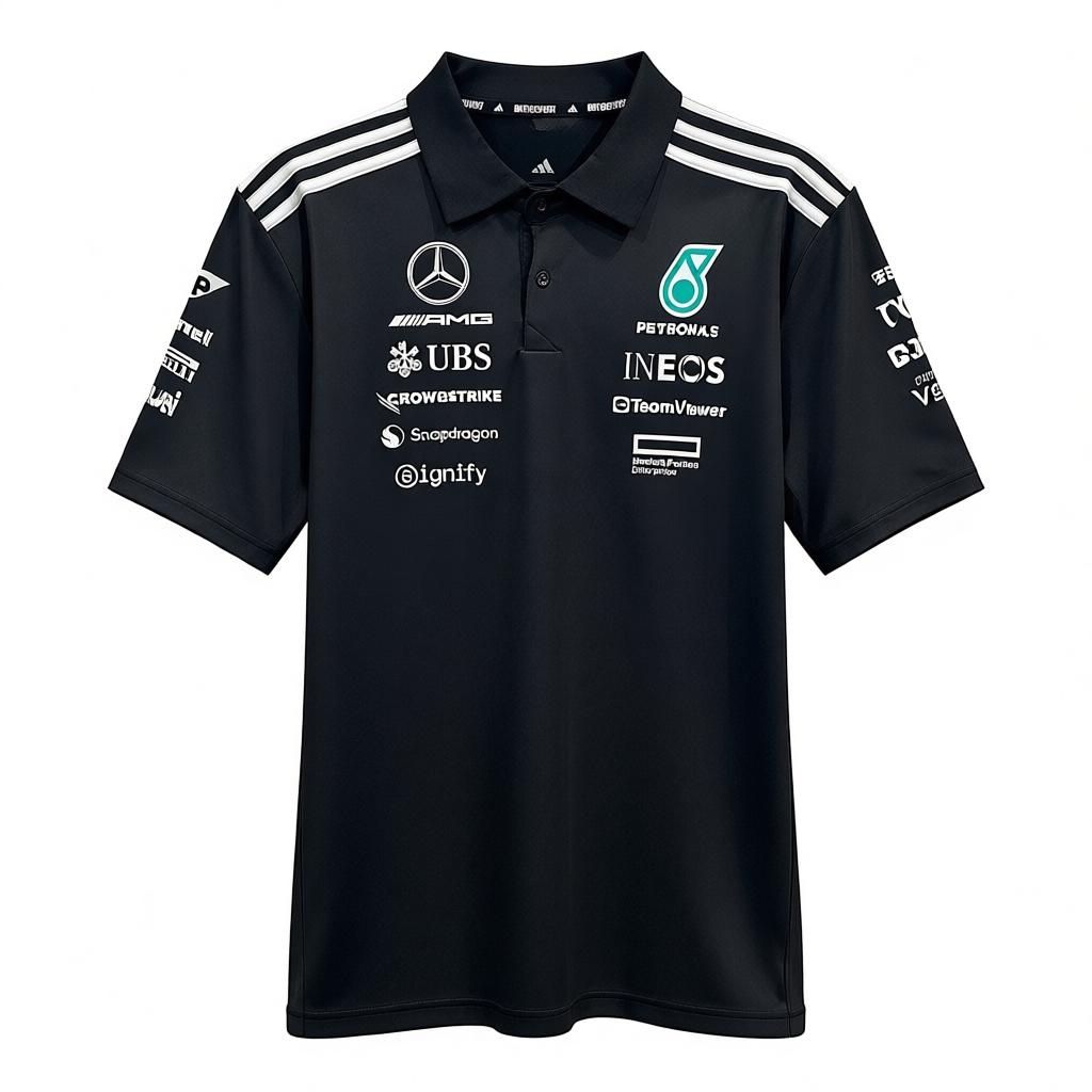 CAMISETA F1 SPORT ADIDAS LOGO MERCEDES COLOR NEGRA MANGA CORTA  RAYAS BLANCAS  EN HOMBROS