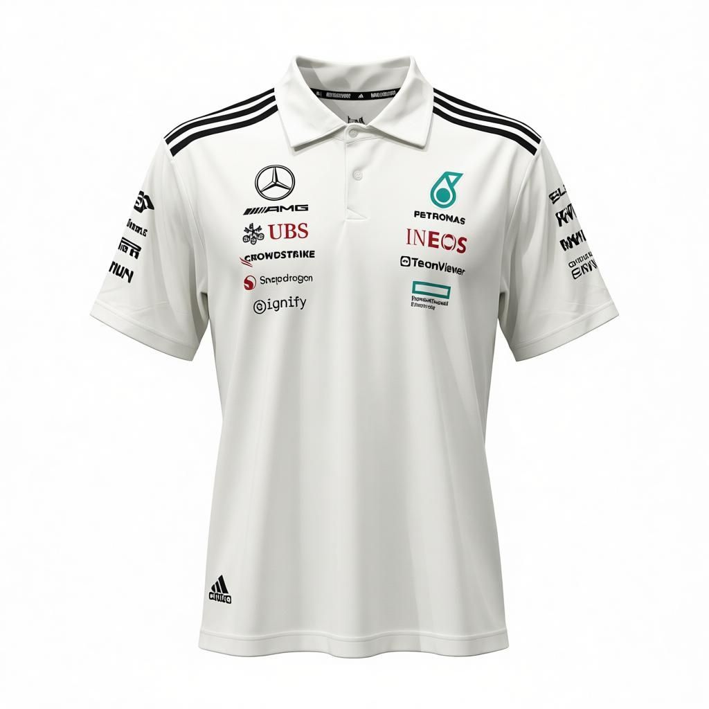 CAMISETA F1 SPORT ADIDAS LOGO MERCEDES COLOR BLANCO RAYAS NEGRAS EN HOMBROS MANGA CORTA