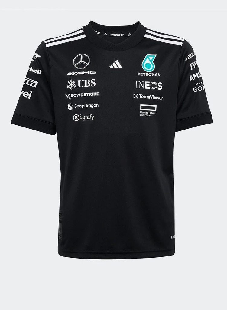 CAMISETA FORMULA 1 ADIDAS  CUELLO REDONDO COLOR NEGRO MANGA CORTA CON FRANJAS BLANCAS