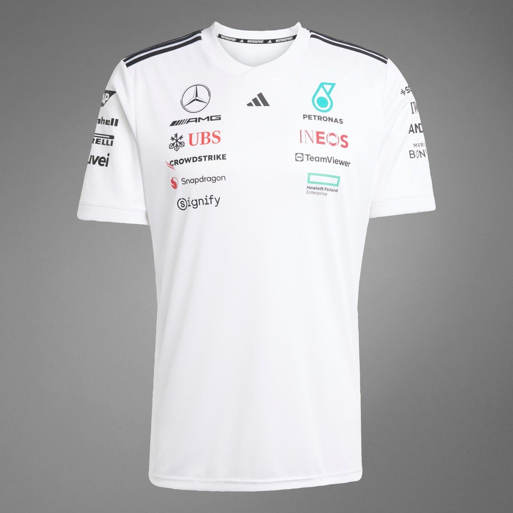 CAMISETA FORMULA 1 ADIDAS  CUELLO REDONDO COLOR BLANCA MANGA CORTA CON FRANJAS NEGRAS