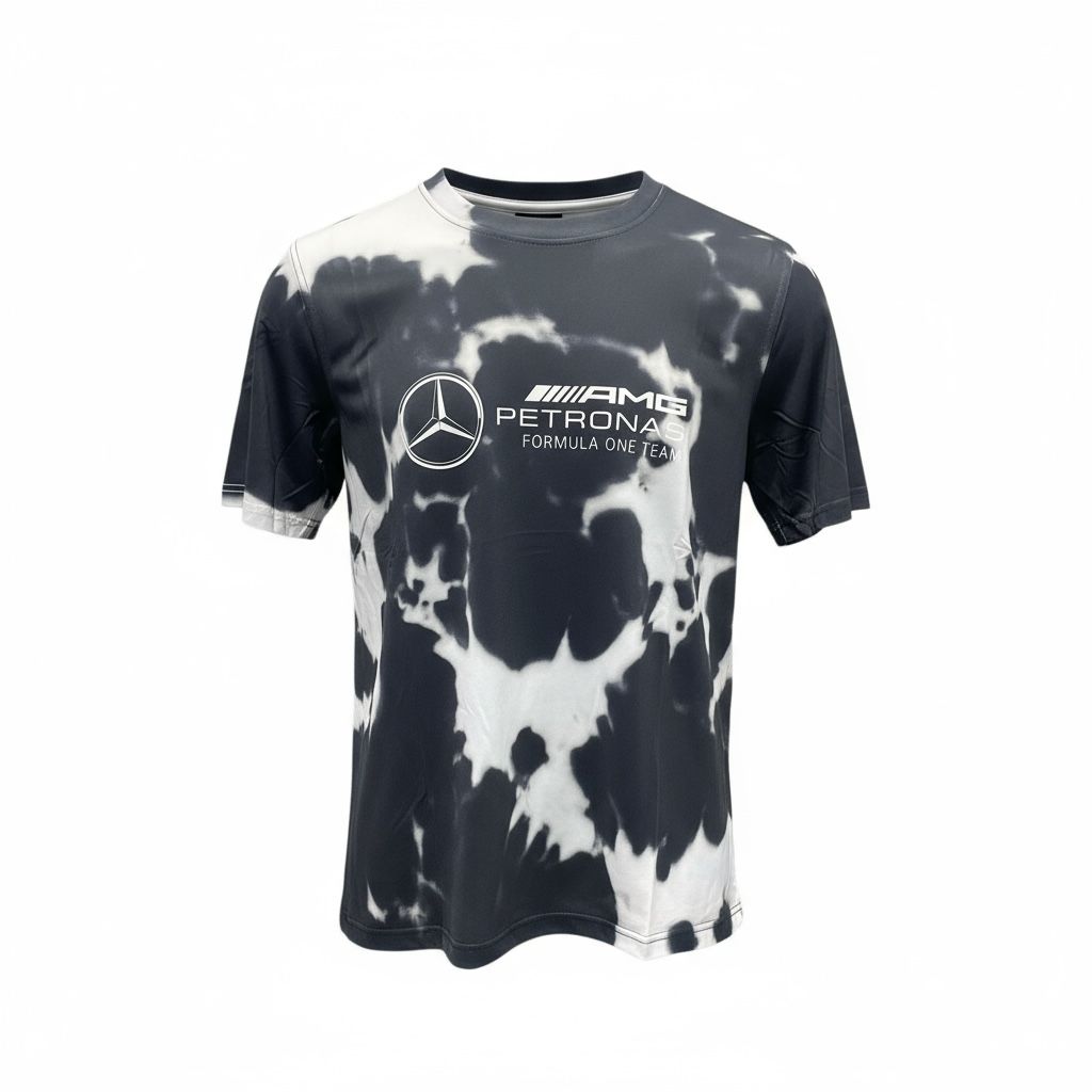 CAMISETA F1 CUELLO REDONDO MARCA AMG PETRONAS DISEÑO MOTEADO EN NEGRO GRIS Y BLANCO