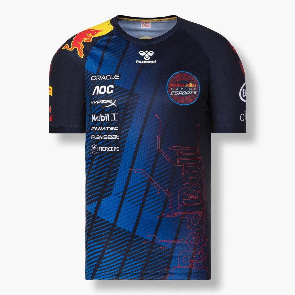 CAMISETA F1 CUELLO REDONDO CON FRANJA AMARILLA DENTRO COLOR AZUL MARINO DISEÑO CELESTE