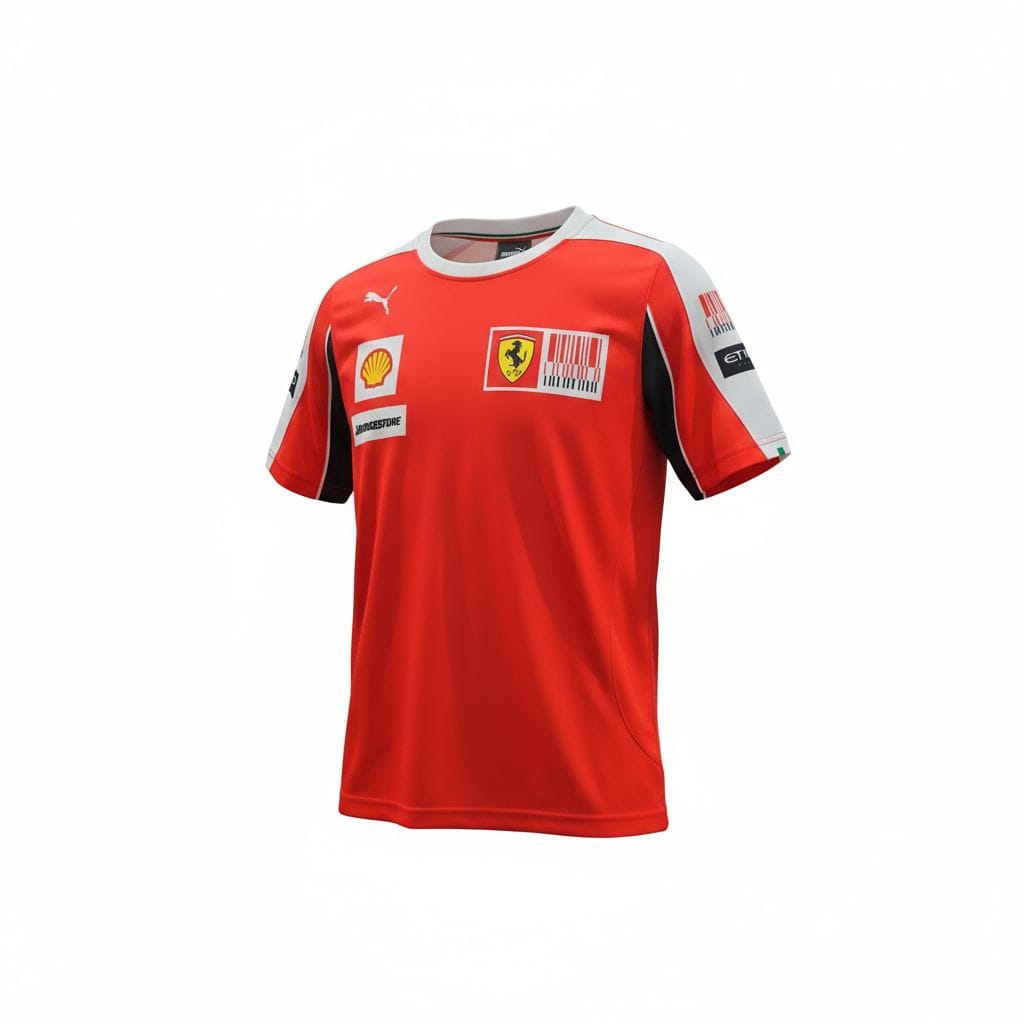 CAMISETA F1 CUELLO REDONDO BLANCO COLOR ROJA Y MANGA DISEÑO ROJO NEGRO Y BLANCO