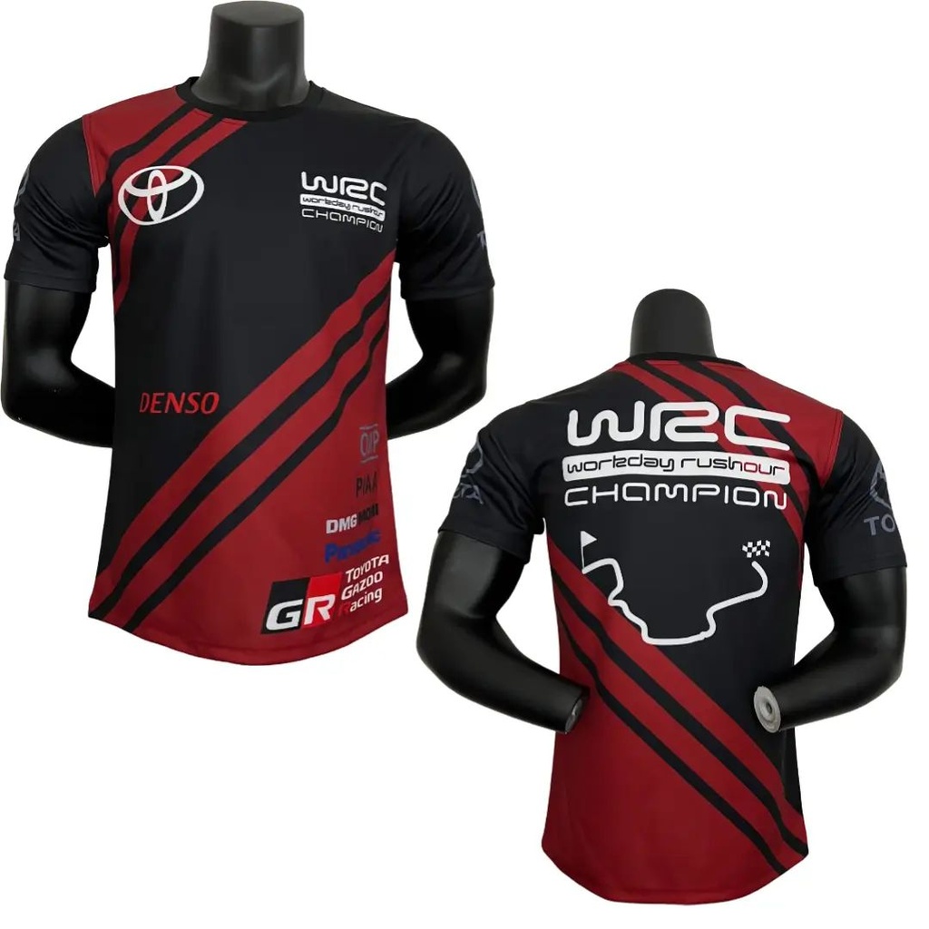 CAMISETA F1 CUELLO REDONDO COLOR NEGRA CON DISEÑO FRANJAS ROJAS LOGO TOYOTA GRIS EN MANGA
