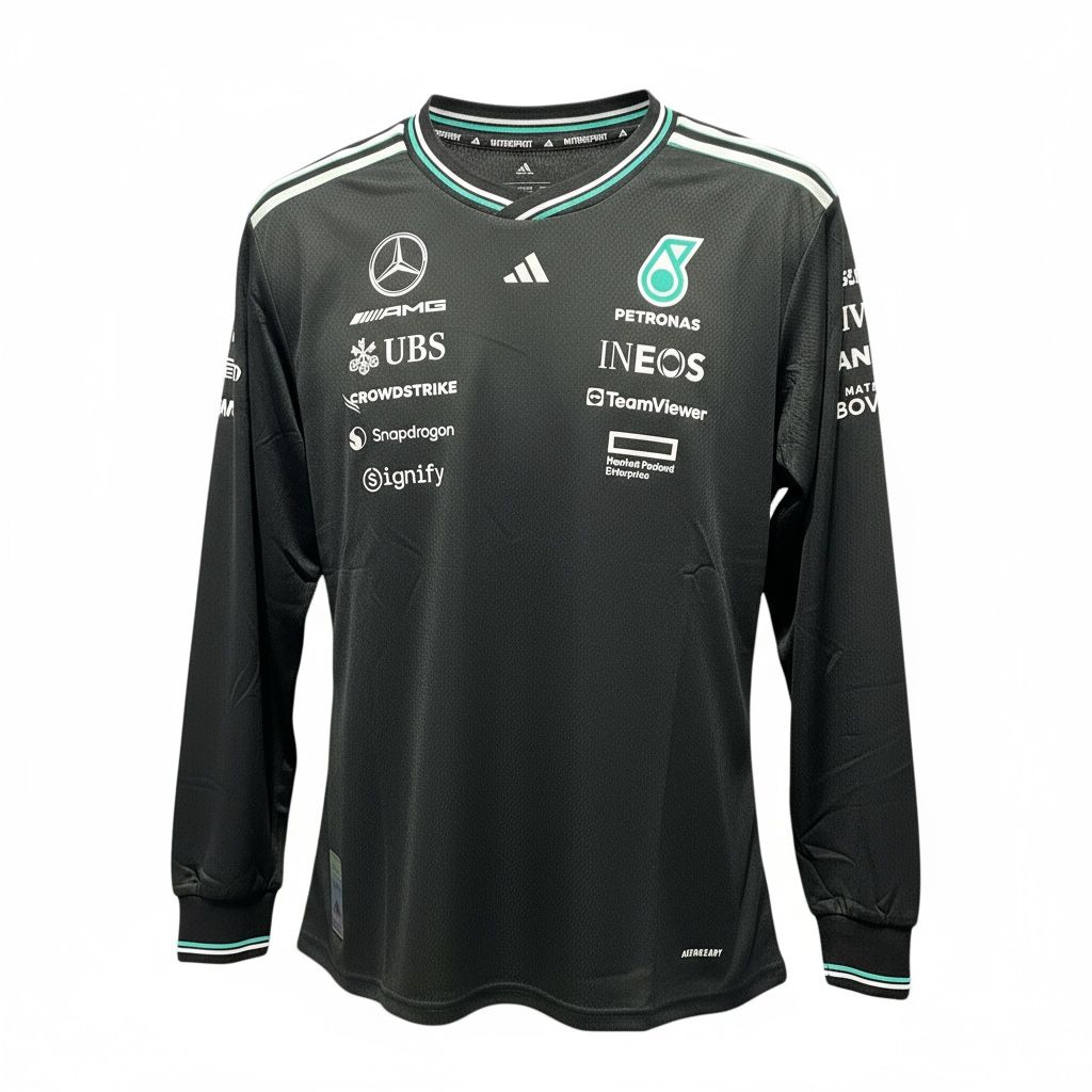 CAMISETA F1 ADIDAS CUELLO V COLOR NEGRA MANGA LARGA CON RAYAS VERDES Y BLANCAS