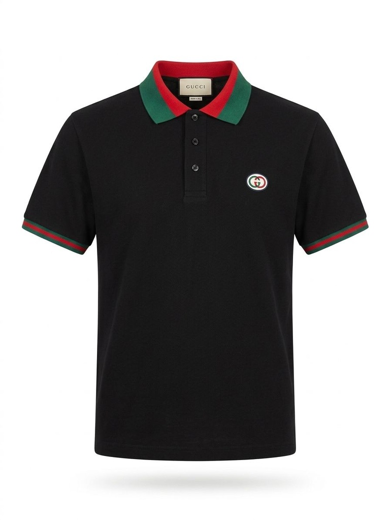 #1 CAMISA GUCCI SPORT  NEGRA CUELLO FRANJA ROJA Y VERDE