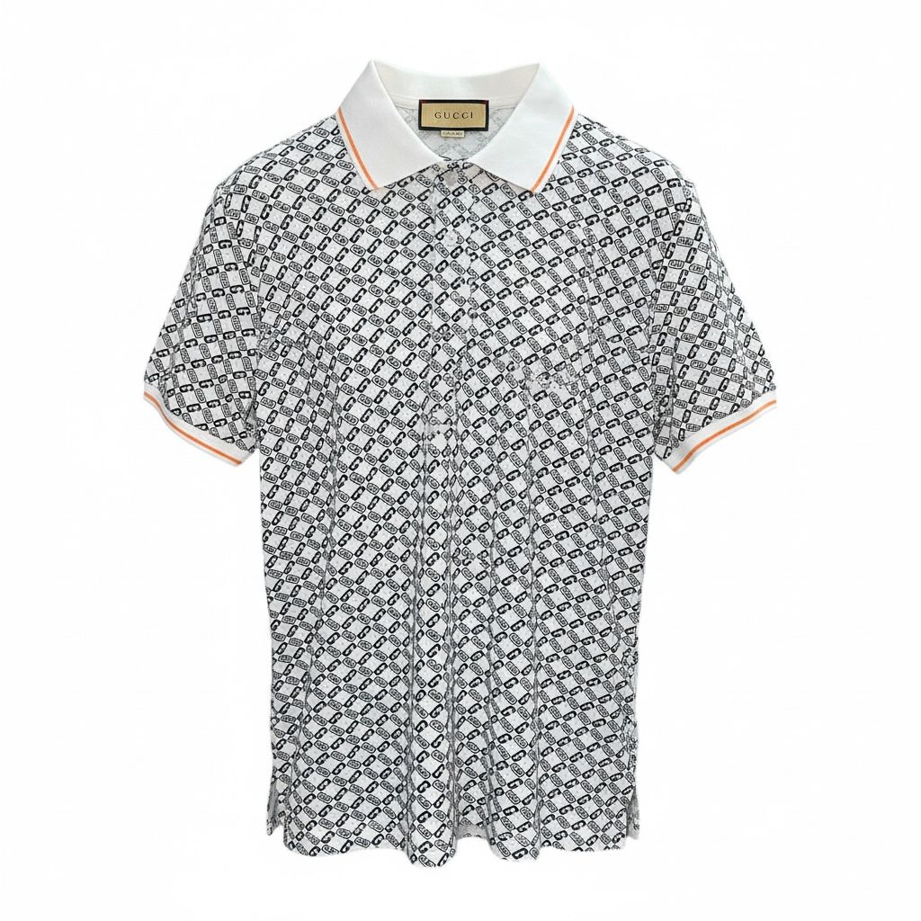 #2 CAMISA GUCCI SPORT CUELLO BLANCO LINEA NARANJA CON LETRAS GUCCI EN TODA  CAMISA