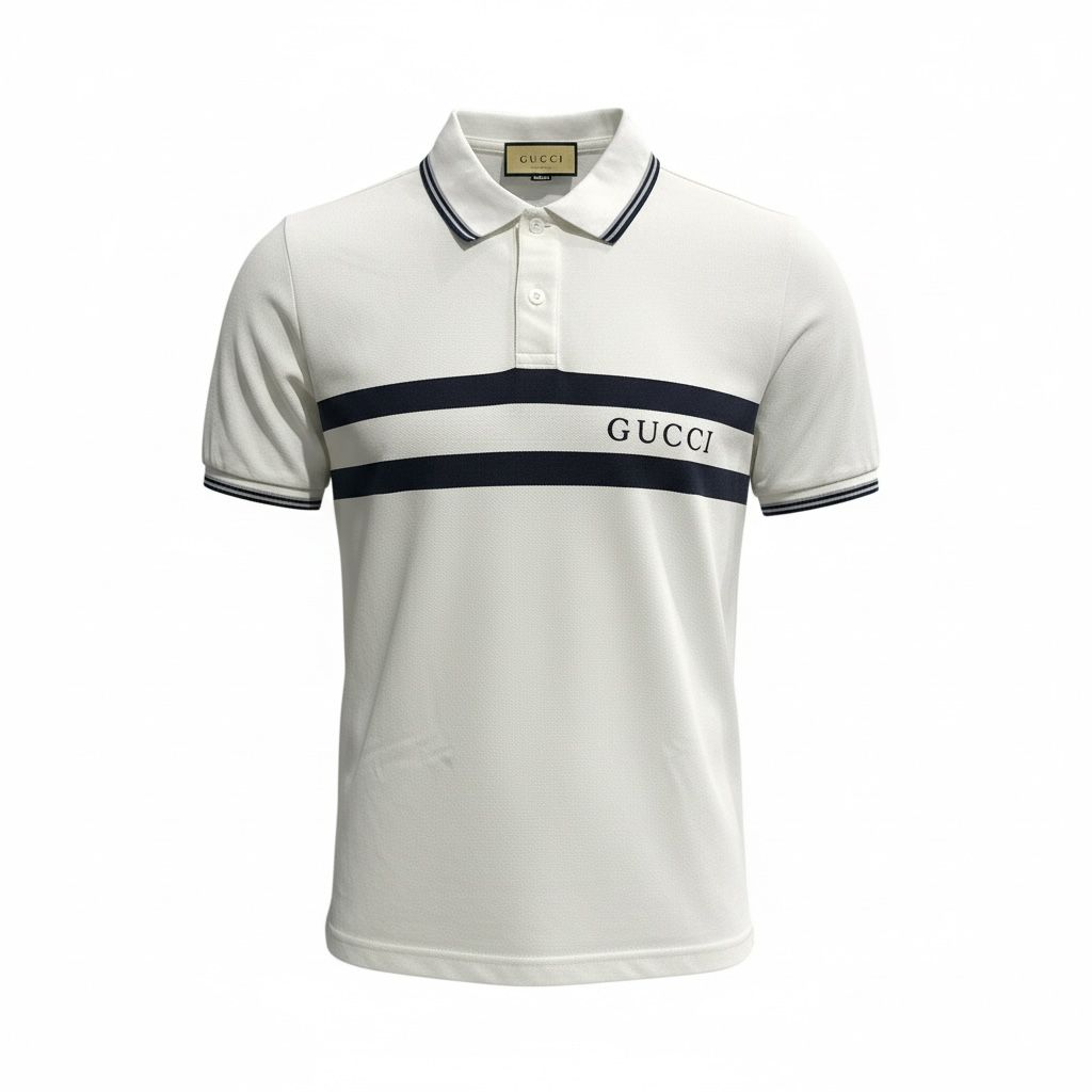 #3 CAMISA GUCCI SPORT BLANCA FRANJA AZUL EN MEDIO CON NOMBRE GUCCI