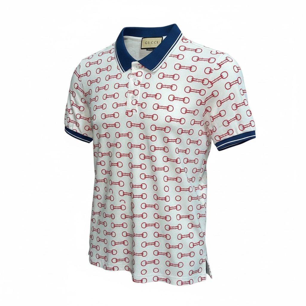 #4 CAMISA GUCCI SPORT BLANCA CUELLO AZUL DISEÑO ROJO EN TODA LA CAMISA
