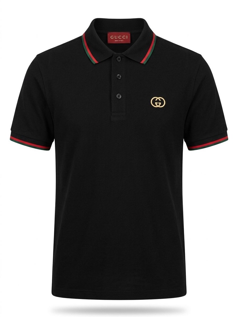 #6 CAMISA GUCCI SPORT NEGRA FRANJITAS VERDES Y LOGO GUCCI EN EL PECHO