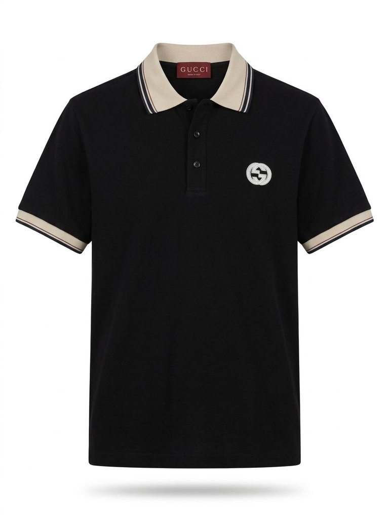 #9 CAMISA GUCCI SPORT NEGRA CUELLO BEIGE CON LINEAS NEGRAS Y CAFE