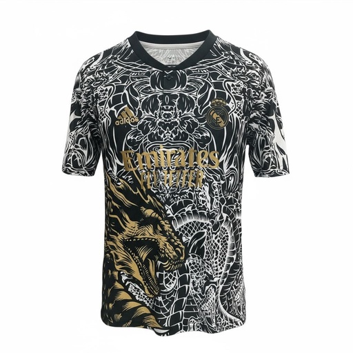 CAMISETA CUELLO V EQUIPO SOCCER REAL MADRID NEGRA Y BLANCA HOMBRE