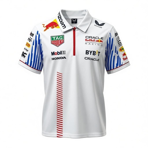 CAMISETA F1 MARCA CASTORE ORACLE SPORT COLOR BLANCO Y RAYAS ROJAS ATRAS