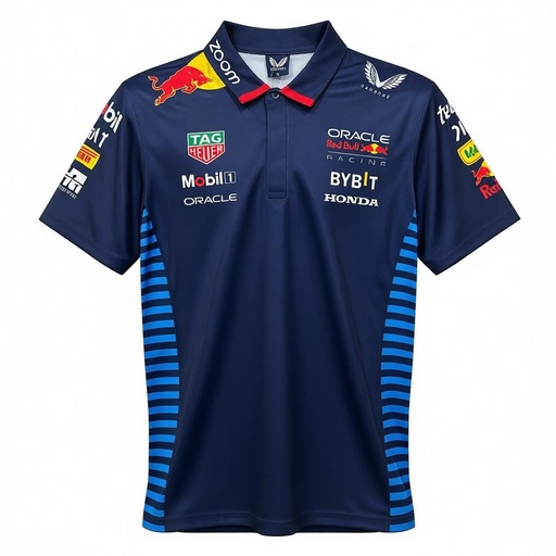 CAMISETA F1 SPORT MARCA CASTORE COLOR AZUL MARINO RAYAS CELESTE AL COSTADO Y RED BULL ATRAS