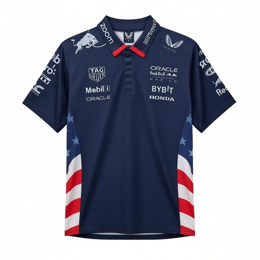 CAMISETA F1 SPORT MARCA CASTORE COLOR AZUL MARINO BANDERA USA A LOS LADOS