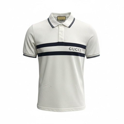 #3 CAMISA GUCCI SPORT BLANCA FRANJA AZUL EN MEDIO CON NOMBRE GUCCI