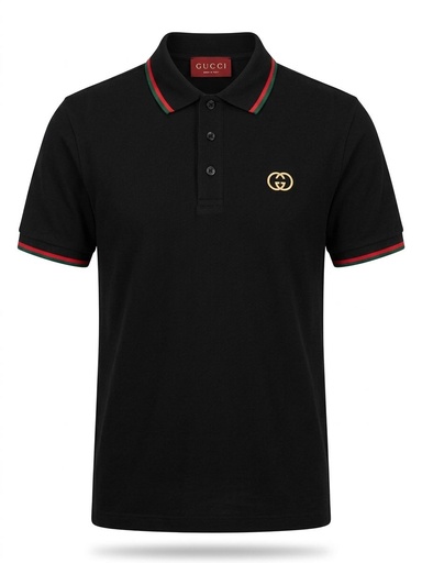 #6 CAMISA GUCCI SPORT NEGRA FRANJITAS VERDES Y LOGO GUCCI EN EL PECHO